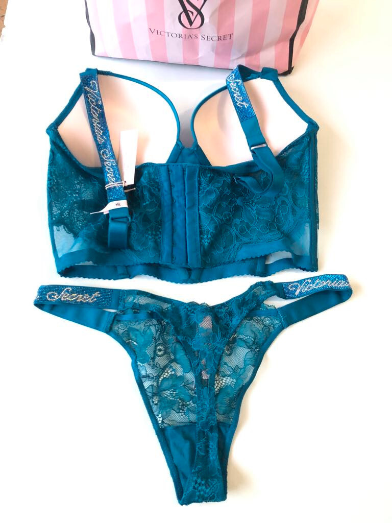 Victorias Secret Shine Strap Logo Rhinestone Push-Up Corset Thong Set Aqua Blue