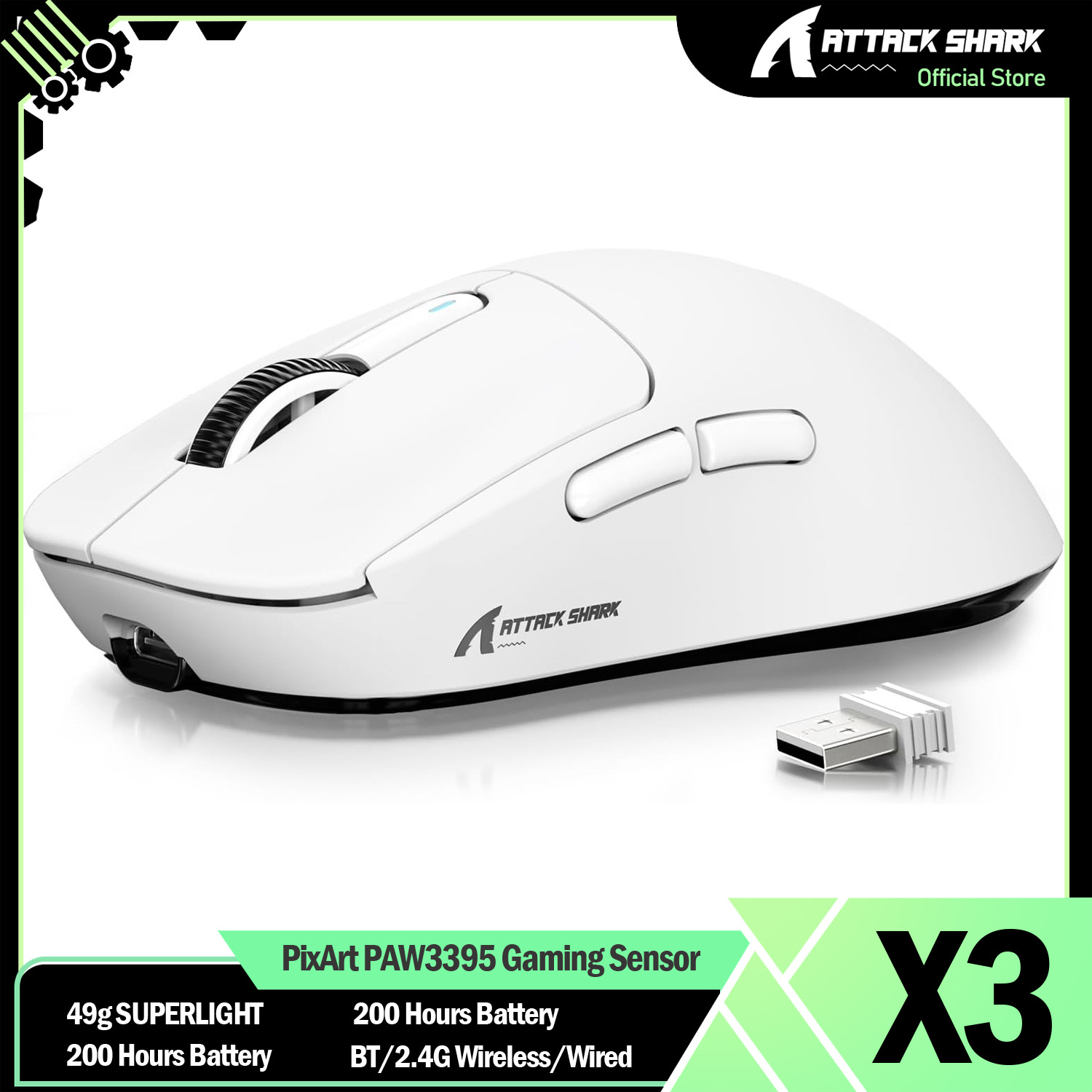 ATTACK SHARK X3 Lightweight Wireless Gaming Mouse, 49g Tri-Mode BT/2.4G/USB-C