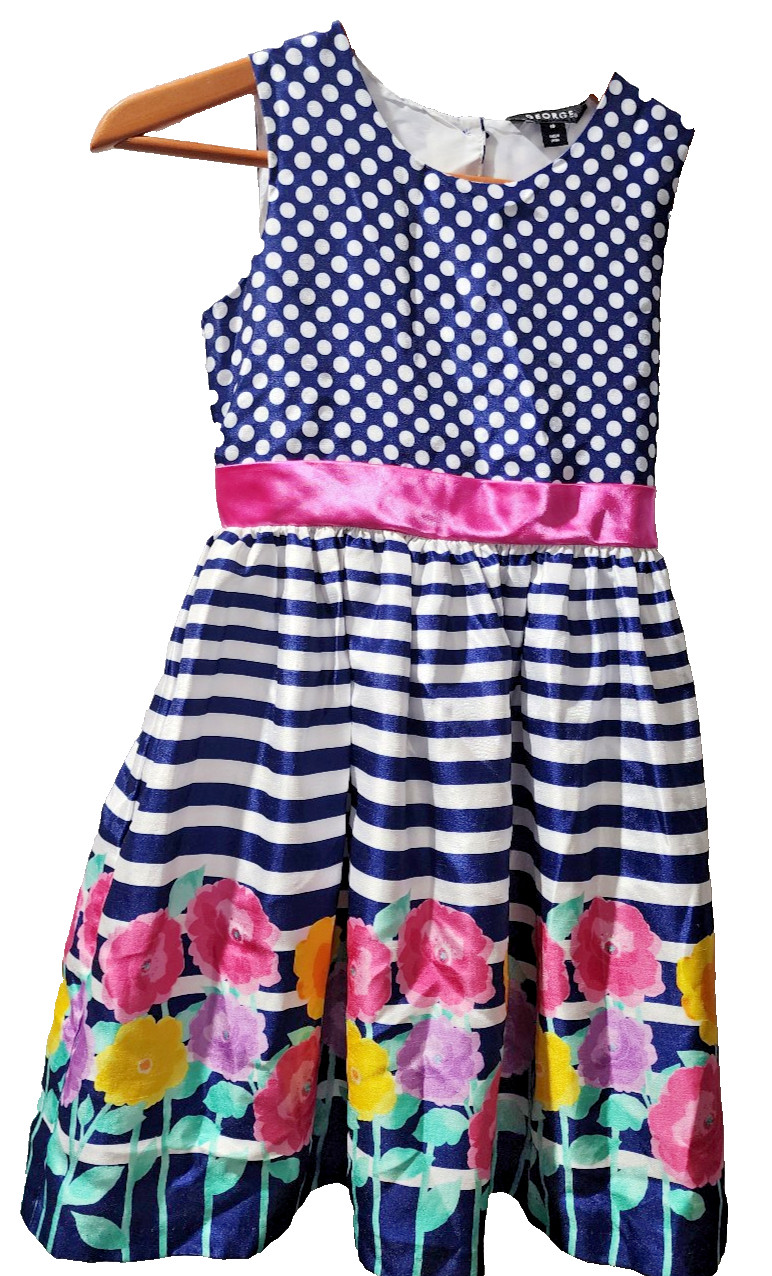 George girls 10 Blue and white striped/polka dot/floral sleeveless dress.
