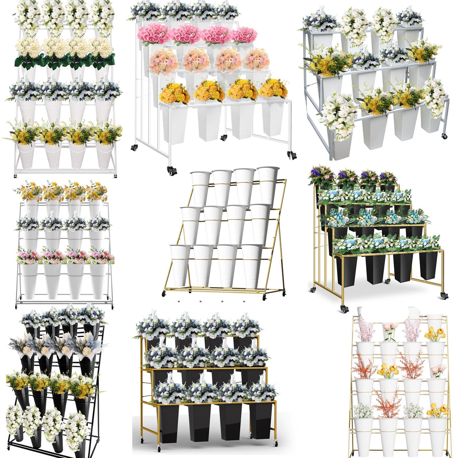 3/4 Tiers Flower Display Stand Cart w/ Round/Square &12/16 Buckets Flower Stand