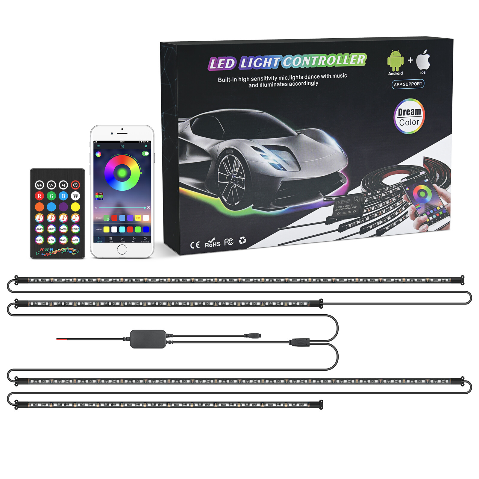 MICTUNING RGB LED Strip Under Car Tube Underbody Underglow Neon Light Kit Remote