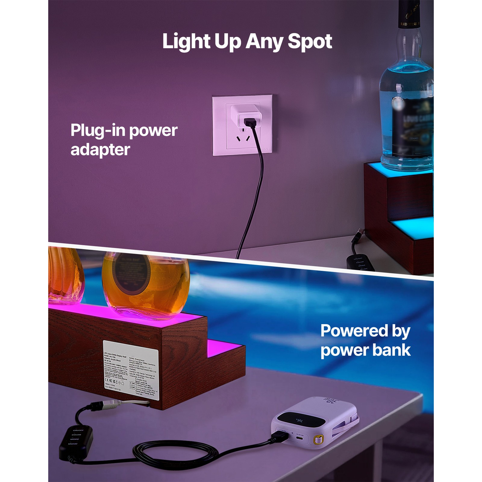 Uimoso LED Illuminated 2-Tier Liquor Bottle Display Rack, 16-In, Holds 8 Bottles