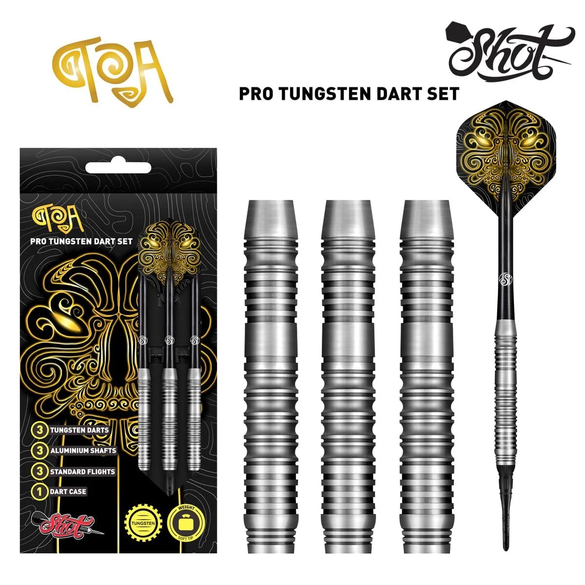 Shot Toa Tungsten 18g Soft tip Dart Set- Free Shipping -  6 Extra Flight/Shaft