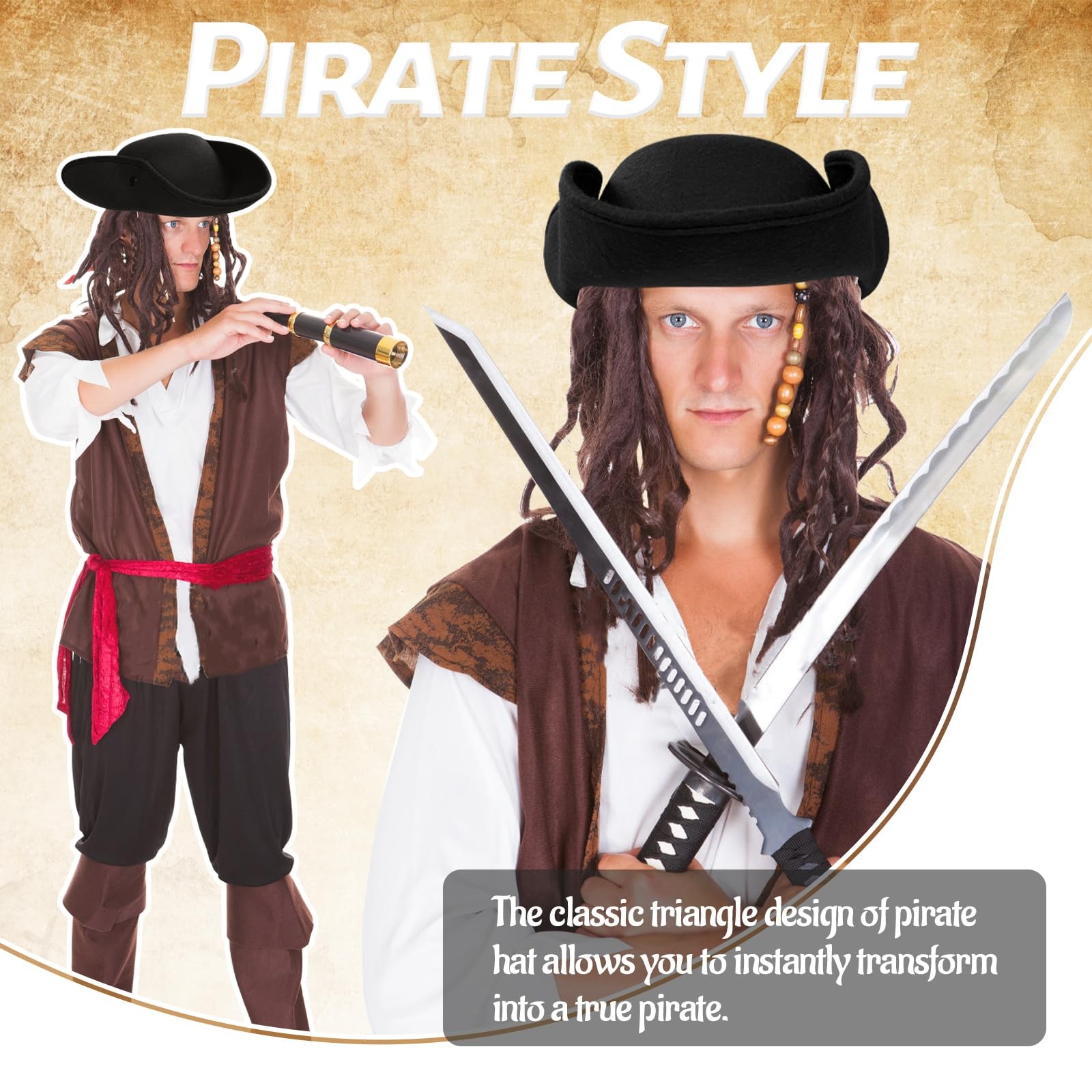 Xeehwb Pirate Hat for Men Women,Pirate Costume Accessories Hat,Colonial Trian...