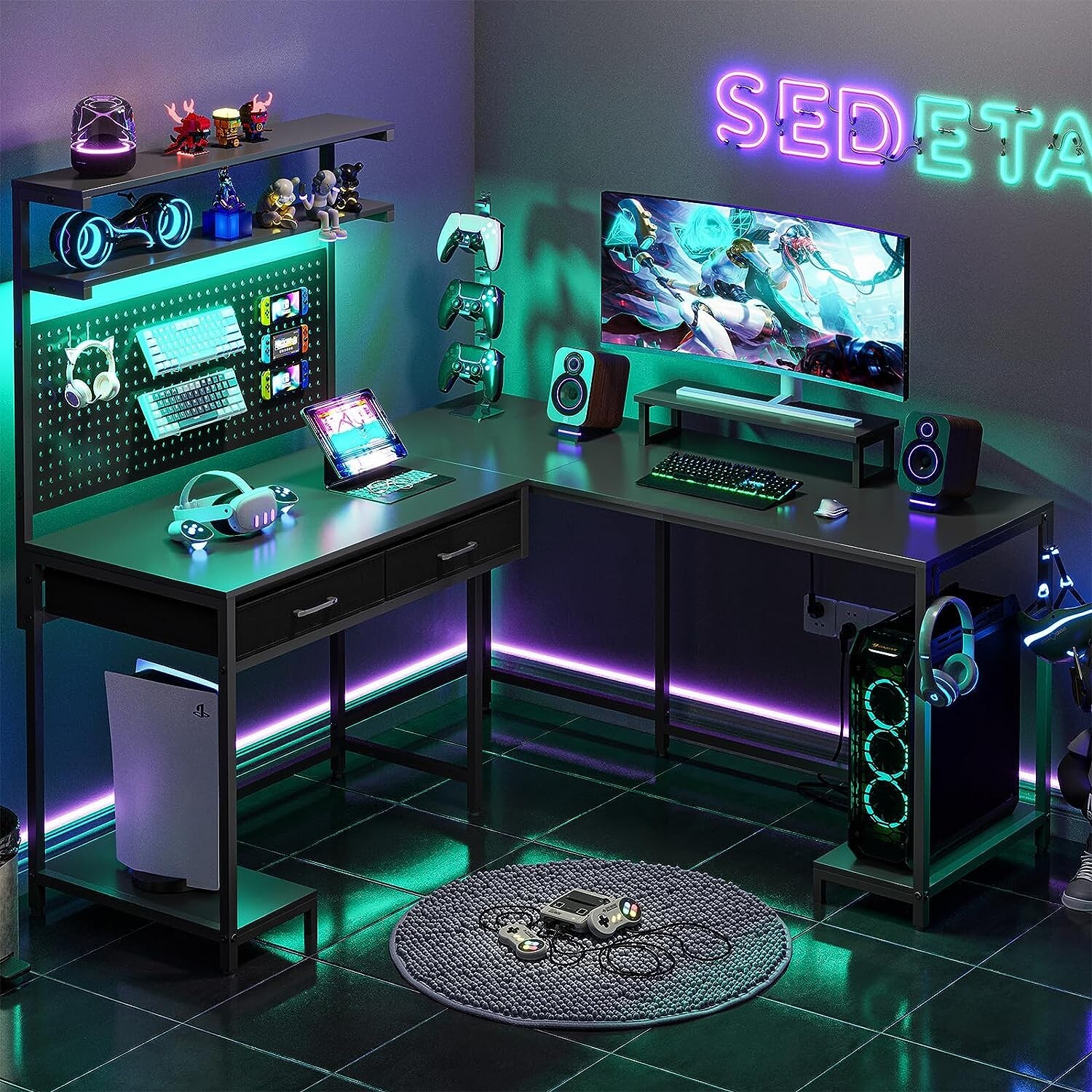 L Shaped Gaming Desk with LED Lights and Hutch, Computer Desk with Monitor Stand