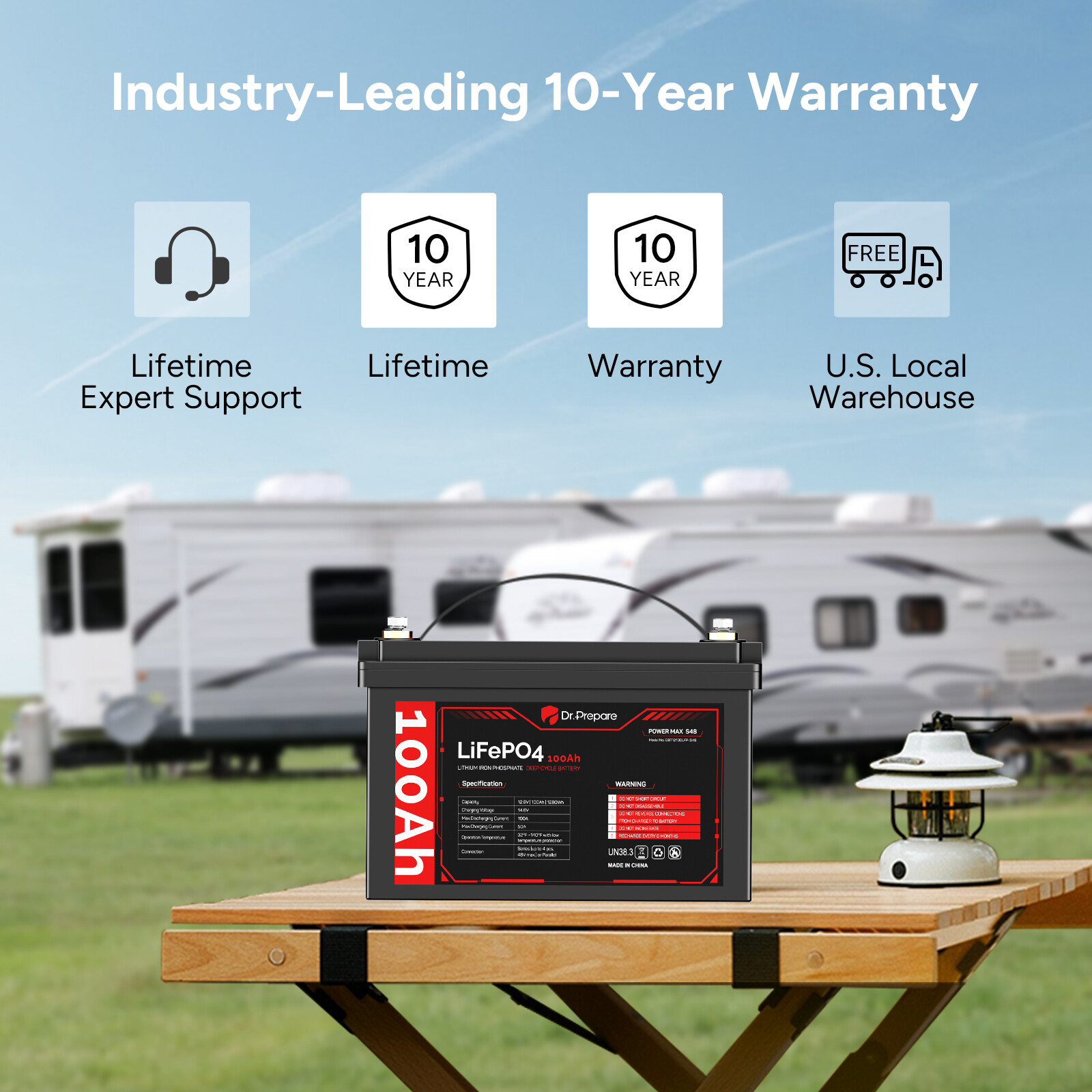 Dr. Prepare 12V 100Ah LiFePO4 Lithium Deep Cycle Battery[10-year Warranty]