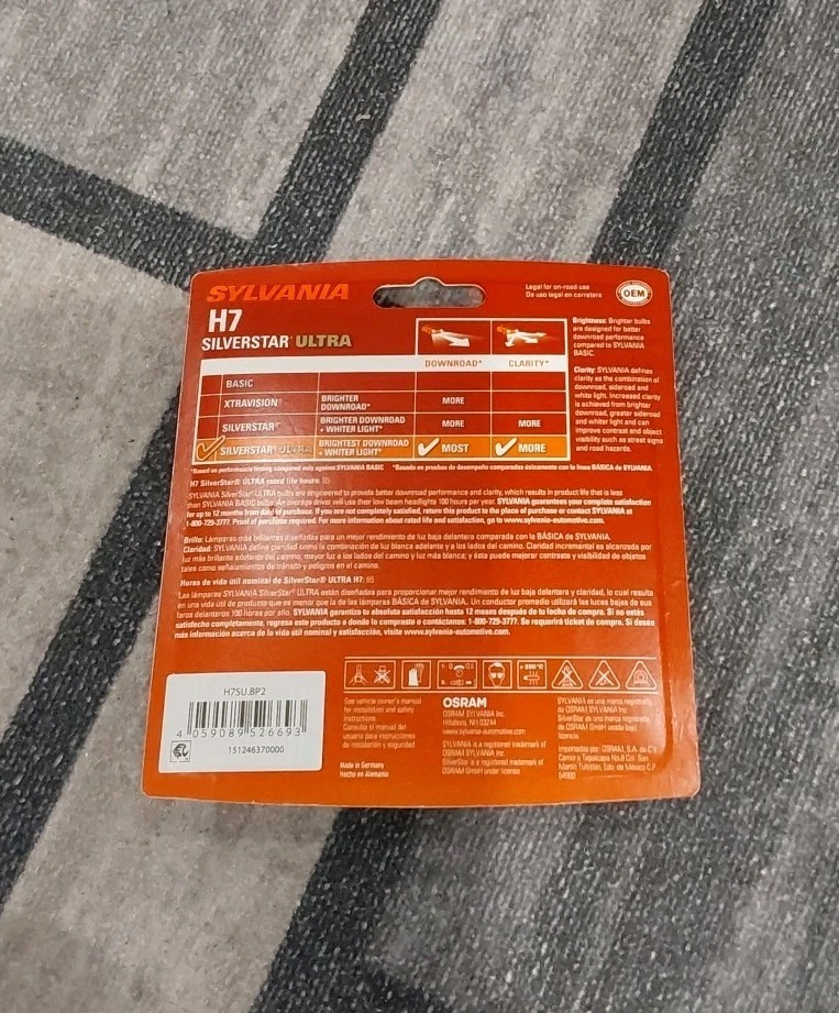 Sylvania Silverstar Ultra H7 55W Two Bulbs Head Light Low Beam Replacement Stock