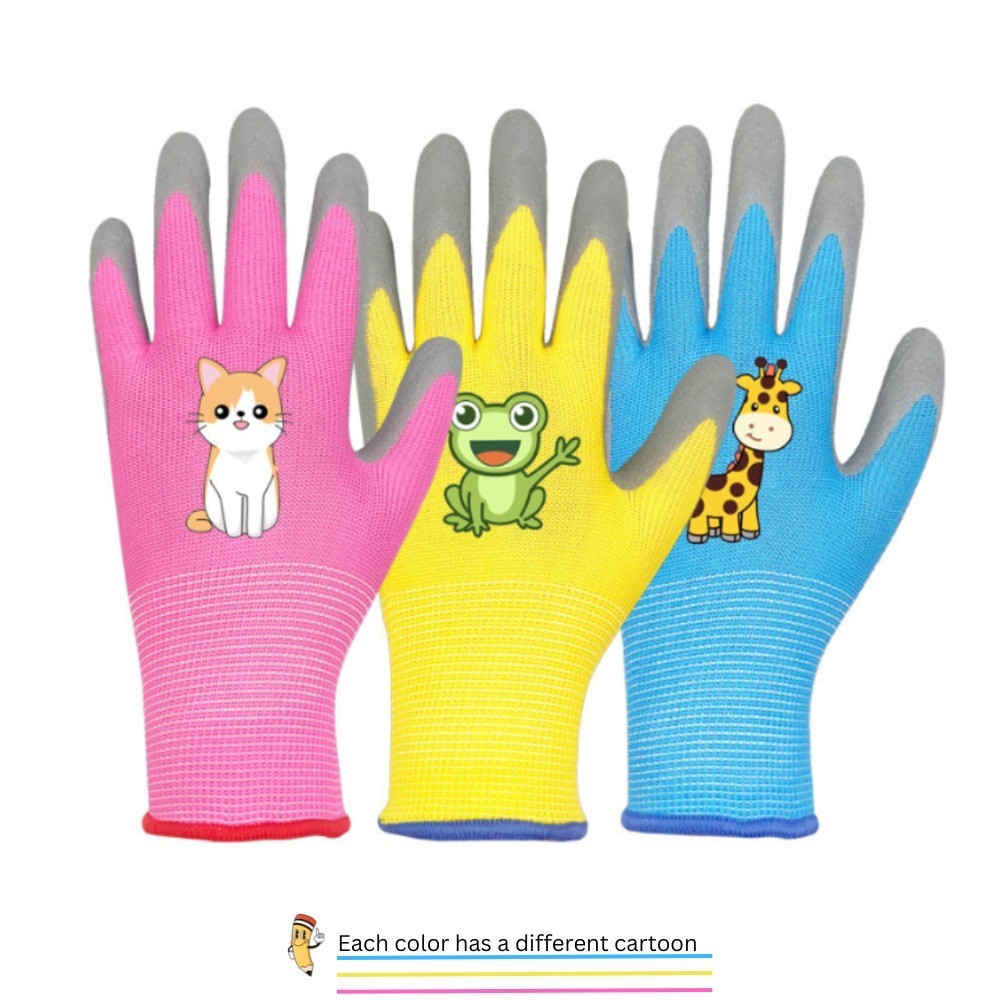 Kids Gardening Gloves Cartoon Print | 6 Pairs Mix Colors | S M L Sizes