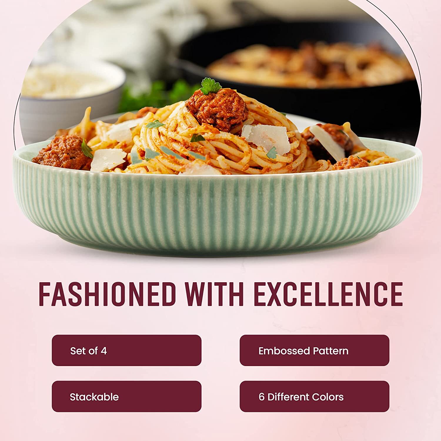 American Atelier Large Pasta Bowls Set of 4-40 oz - Green/Light Blue/Blush