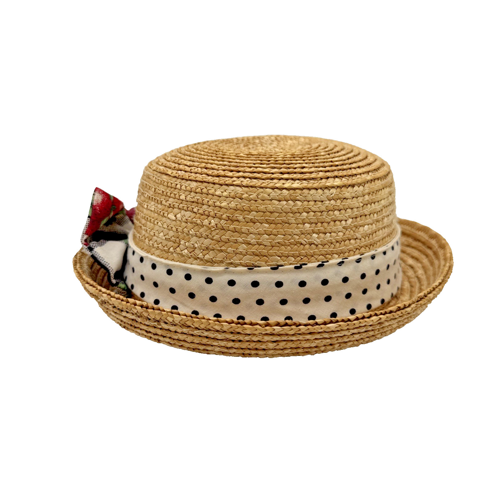 Vintage Straw Boater Hat Cherry Ribbon Polka Dot Band Flat Top Summer