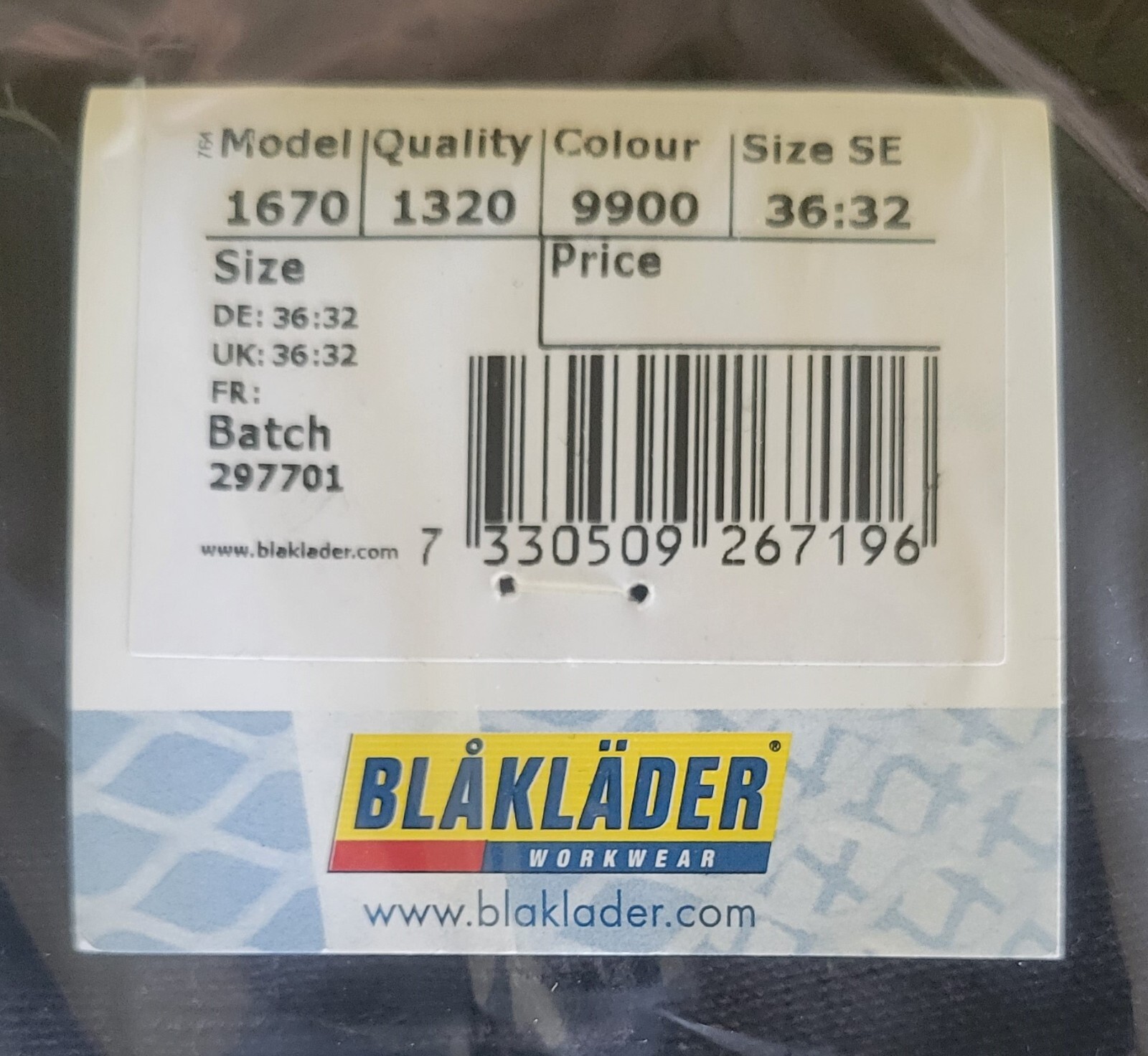 Blaklader work pants 1670 1320, Black- Size 36x32