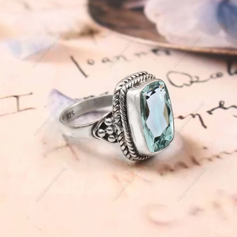 Aquamarine Ring 925 Sterling Silver Band& Statement Ring Handmade Ring All Size