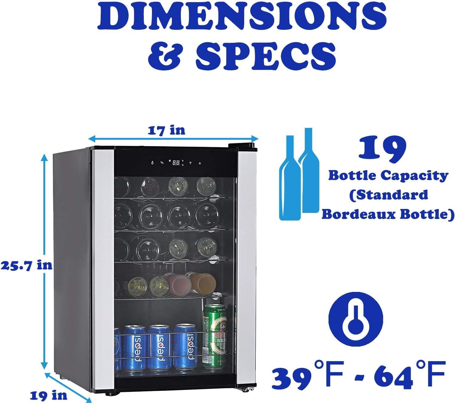 Beer Wine Cooler Wine Fridge with Digital Temperature 19 Bottle Freestanding LED