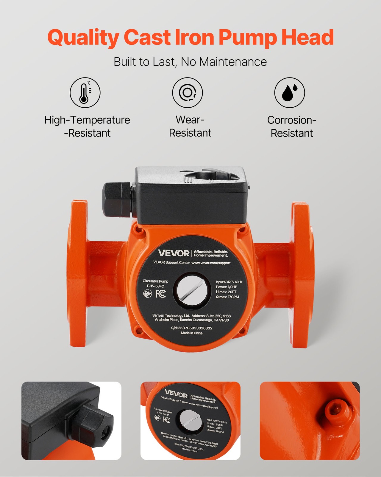 VEVOR F-15-58FC Cast Iron Circulator Pump Hot Water Circulation 1/9 HP 17 GPM