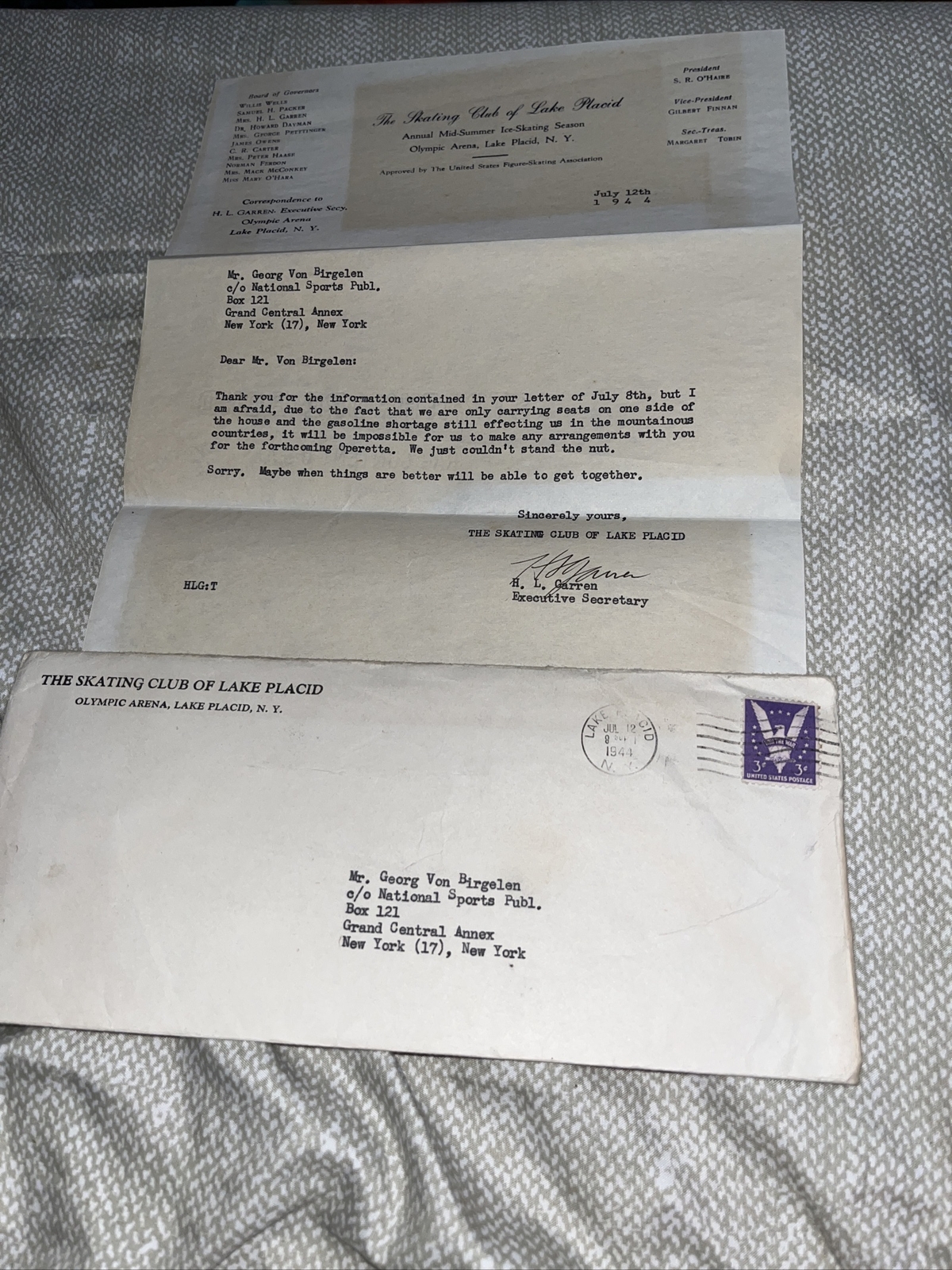 Vintage Rejection Letter to Ice Skating Champ from Skating Club of Lake Placid