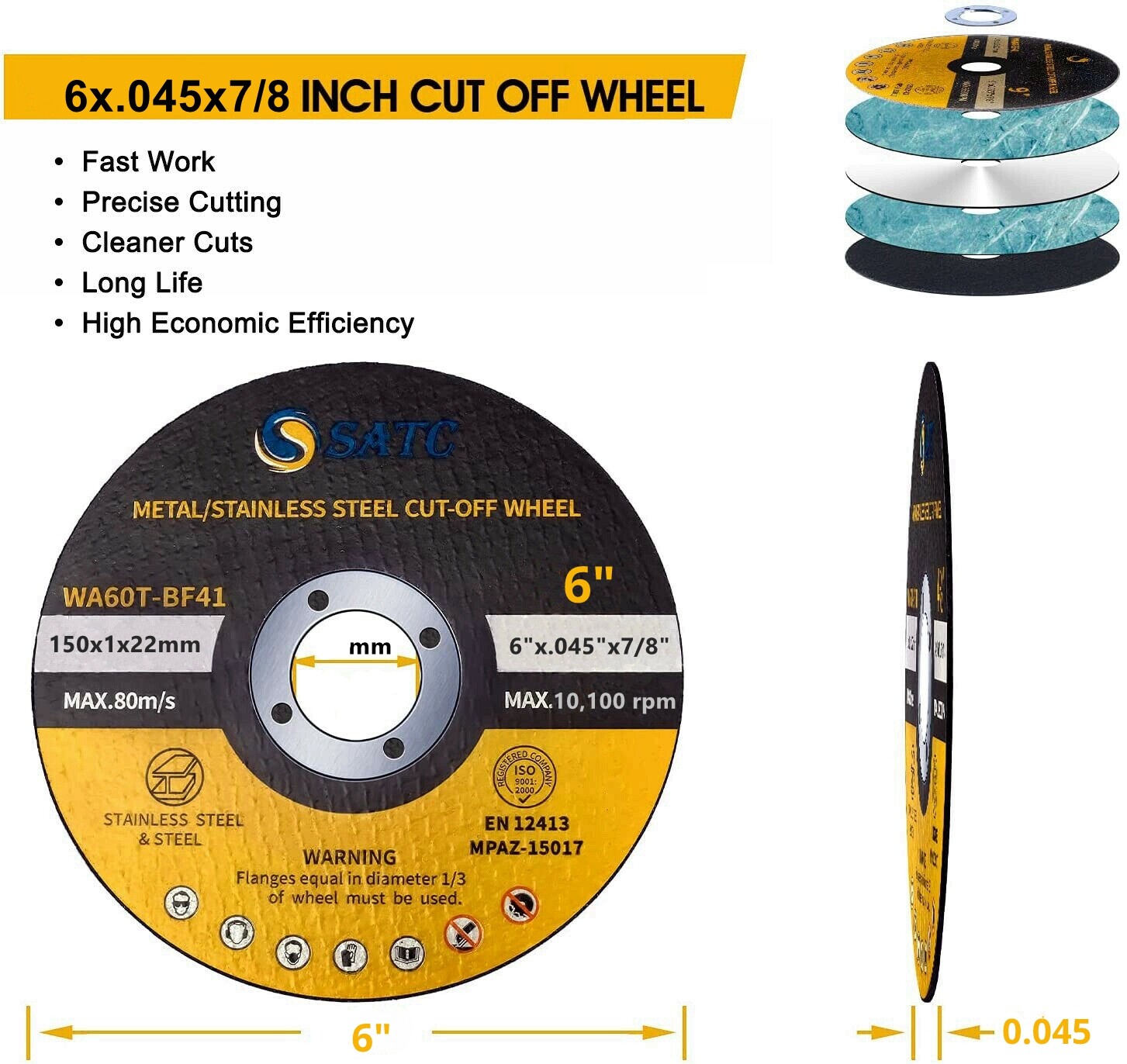 100 Pack 6"x.045"x7/8" Cut off Wheel Metal & Stainless Steel Cutting Discs wheel