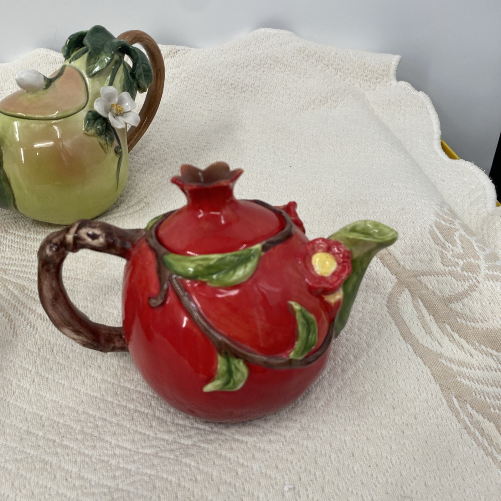 Vtg Lot 6 Ceramic Fruit Teapots: pair, Pineapple Peach Pomegranate & Watermelon
