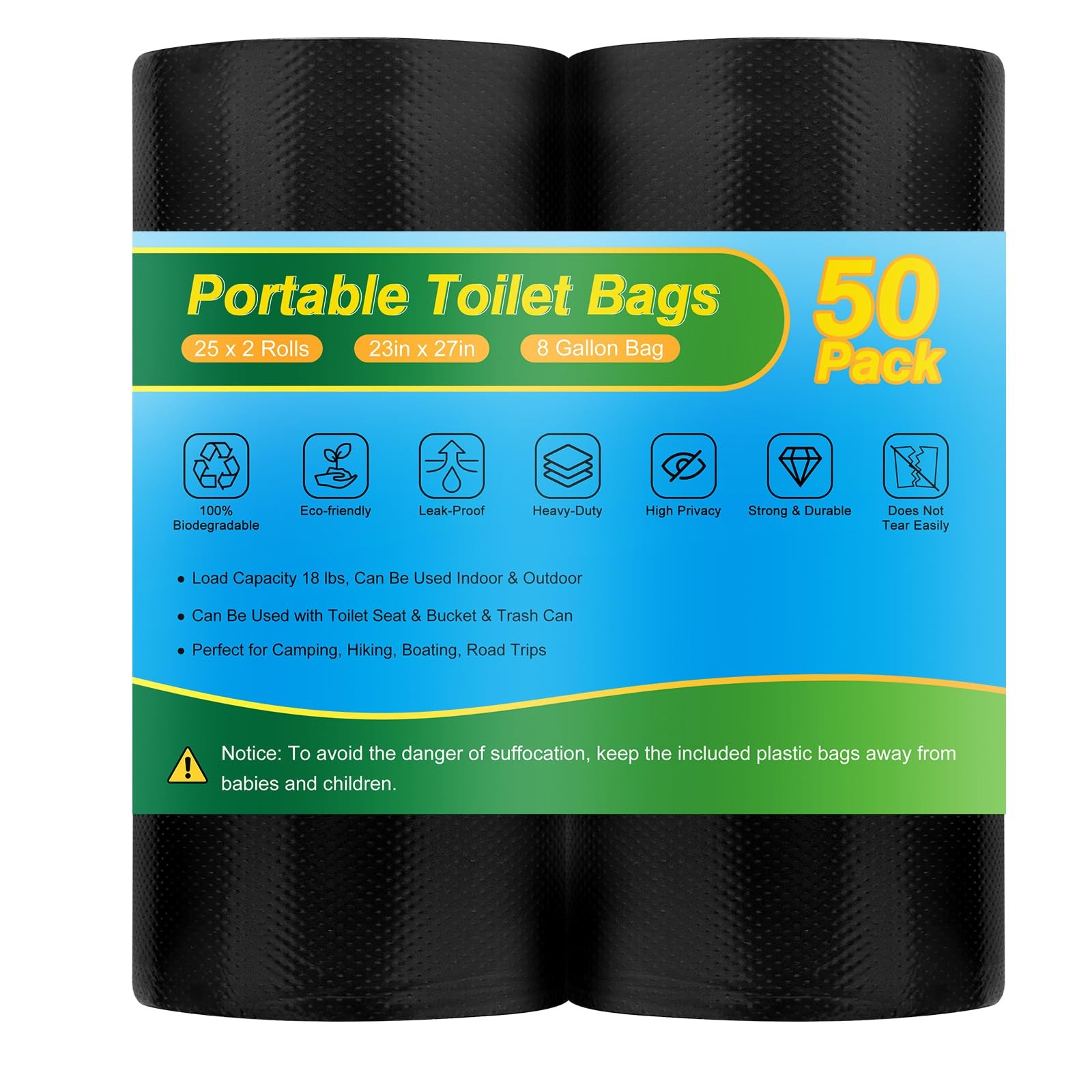 Portable Camping Toilet Bags - 50 Biodegradable Potty Liners for 5-Gallon Bucket