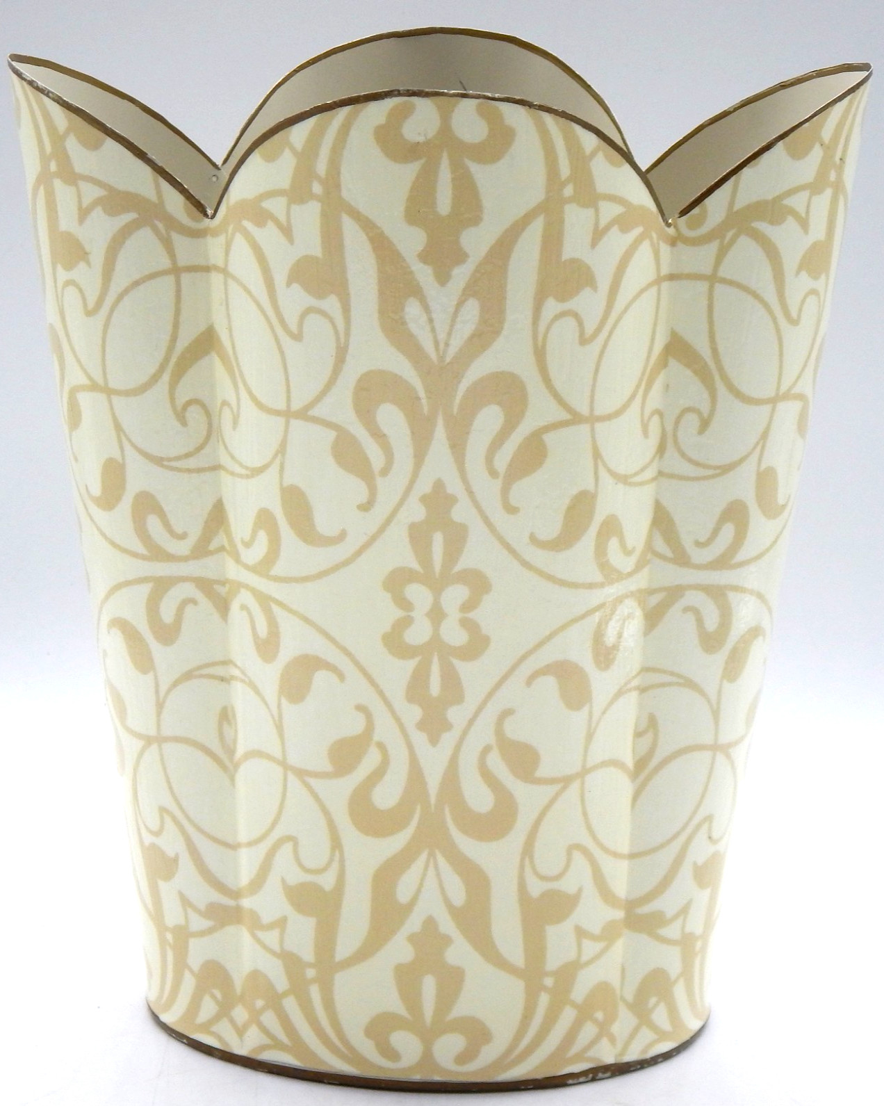 MARYE-KELLEY Decoupage Antique Gold Damask Scalloped 12"H Wastepaper Basket
