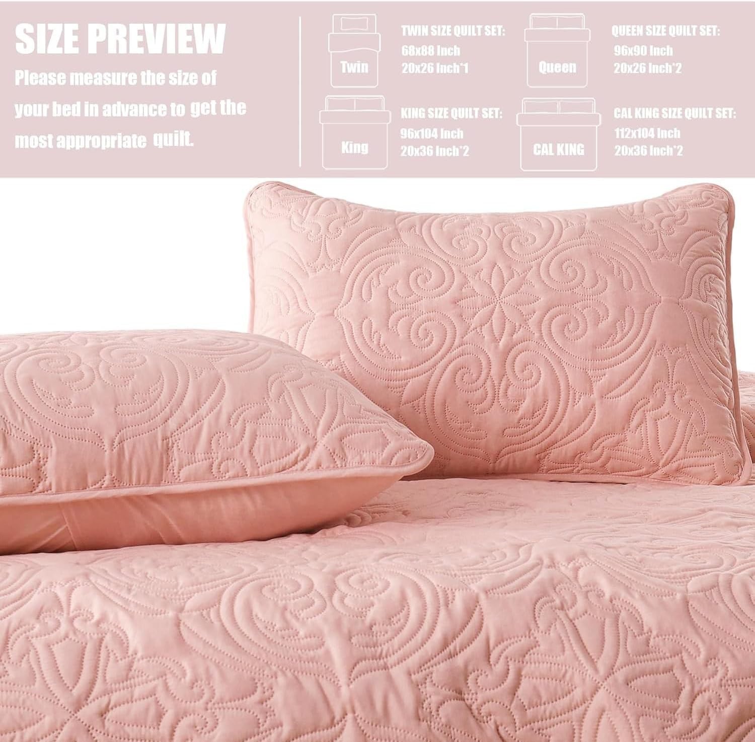 Quilts Queen Size Bedding Set with 2 Pillow Shams, Lightweight Blush Pink Ful...