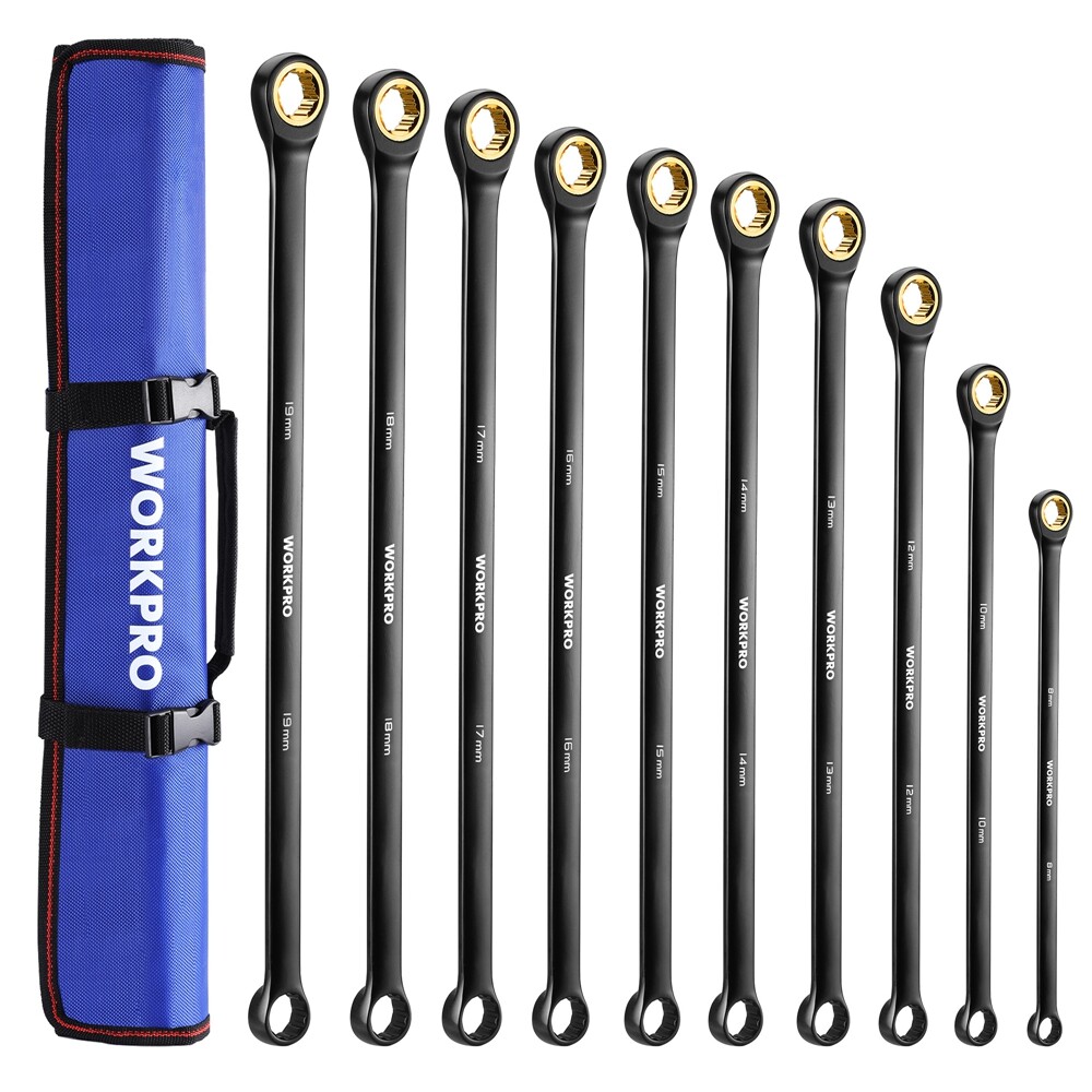 WORKPRO 10PC Extra Long Ratcheting Wrench Set Combination Metric 8-19mm 72-Teeth