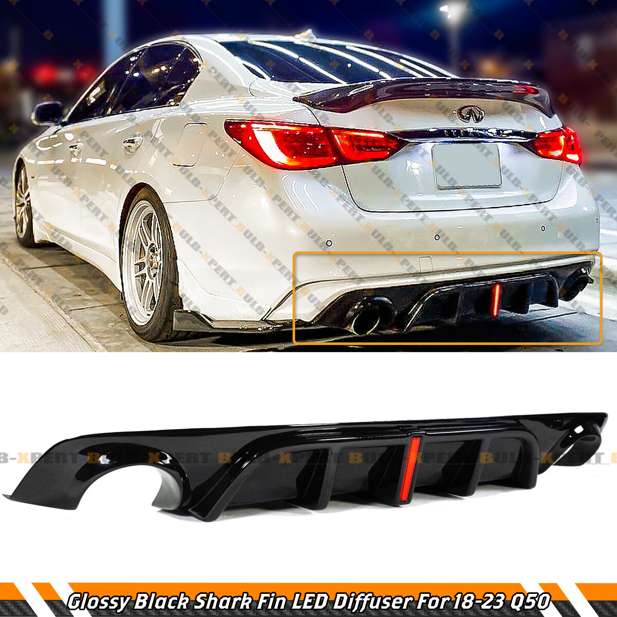GLOSS BLACK REAR BUMPER DIFFUSER W/ V2 LED BRAKE LIGHT FOR 2018-24 INFINITI Q50