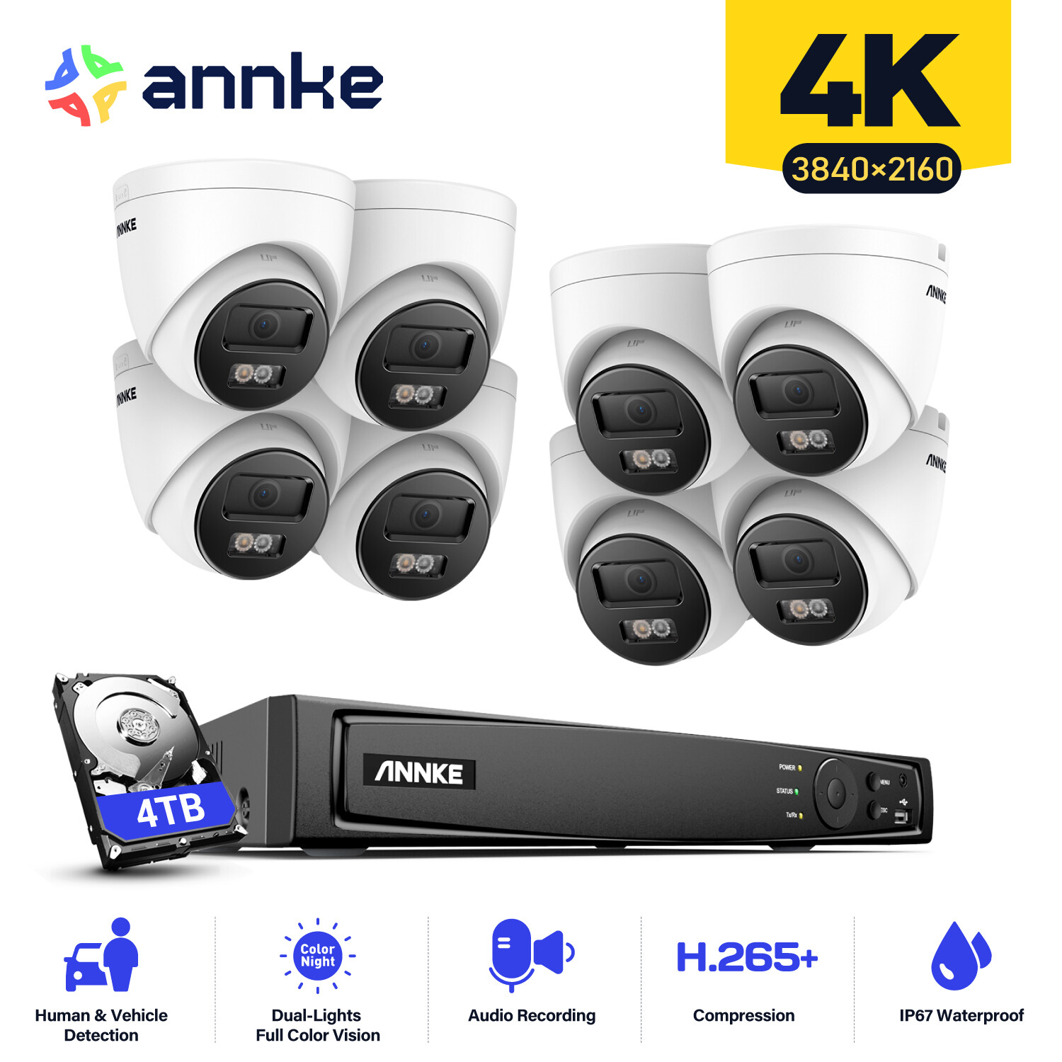 ANNKE 12MP 8CH NVR 4K POE Audio Security Camera System Outdoor Color Night IP67
