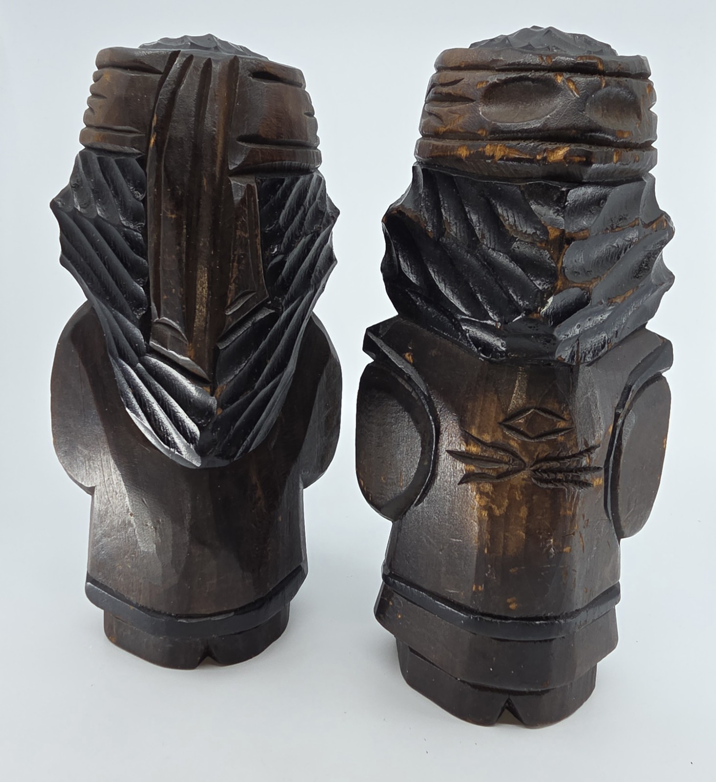 Pair Of Vintage Japanese Hokkaido Ainu Nipopo Hand Carved Wooden Statues 9"