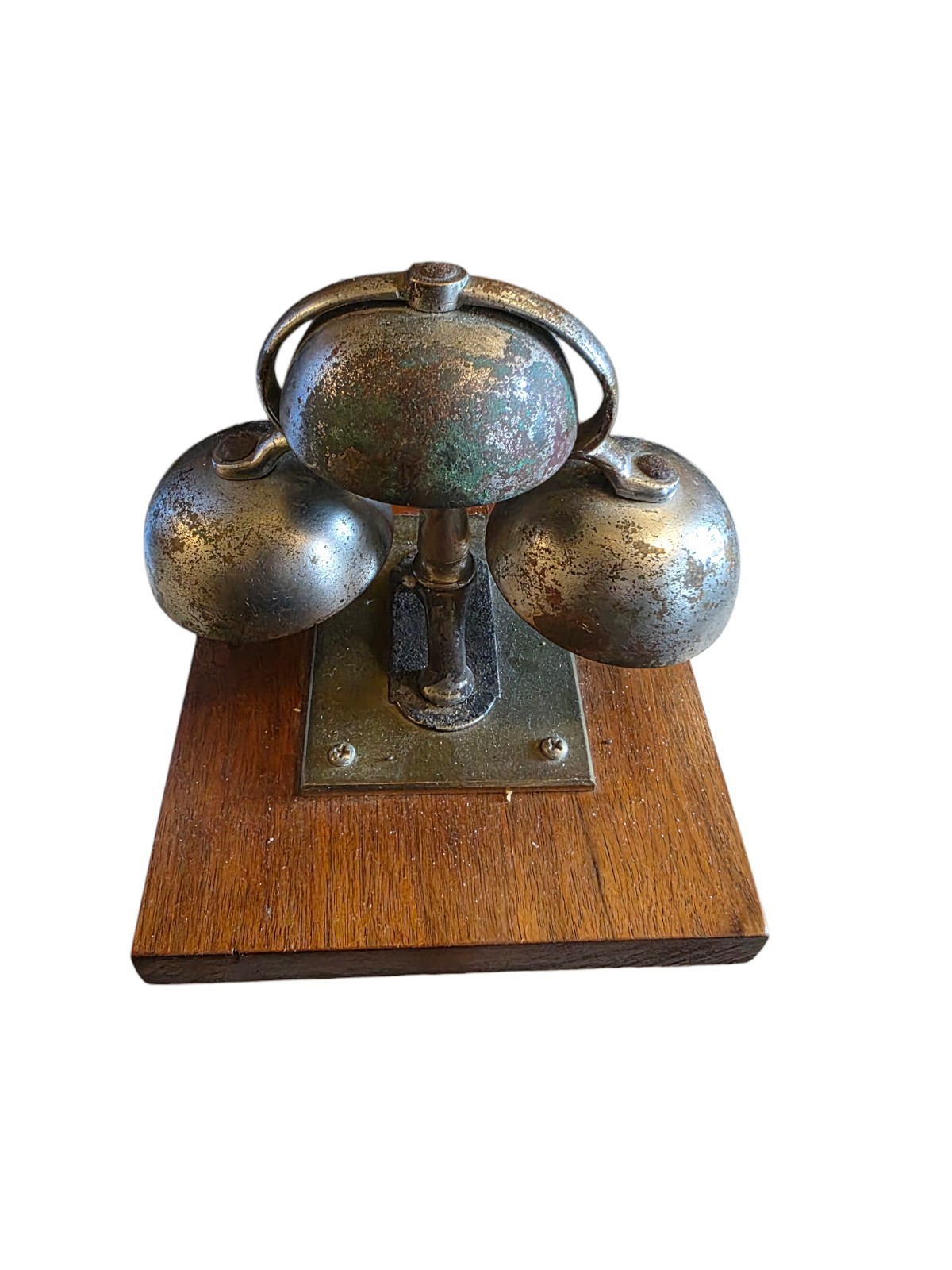 Vintage Triple Desk Call Bell Chime Set Wood Base Metal Bells Patina