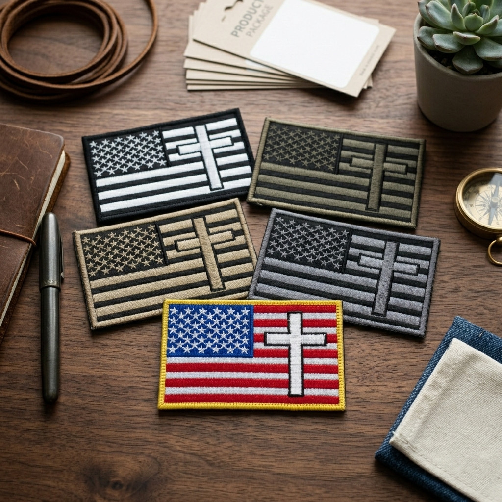 Tactical Christian Cross American Flag Patch – Hook & Loop Embroidered Military