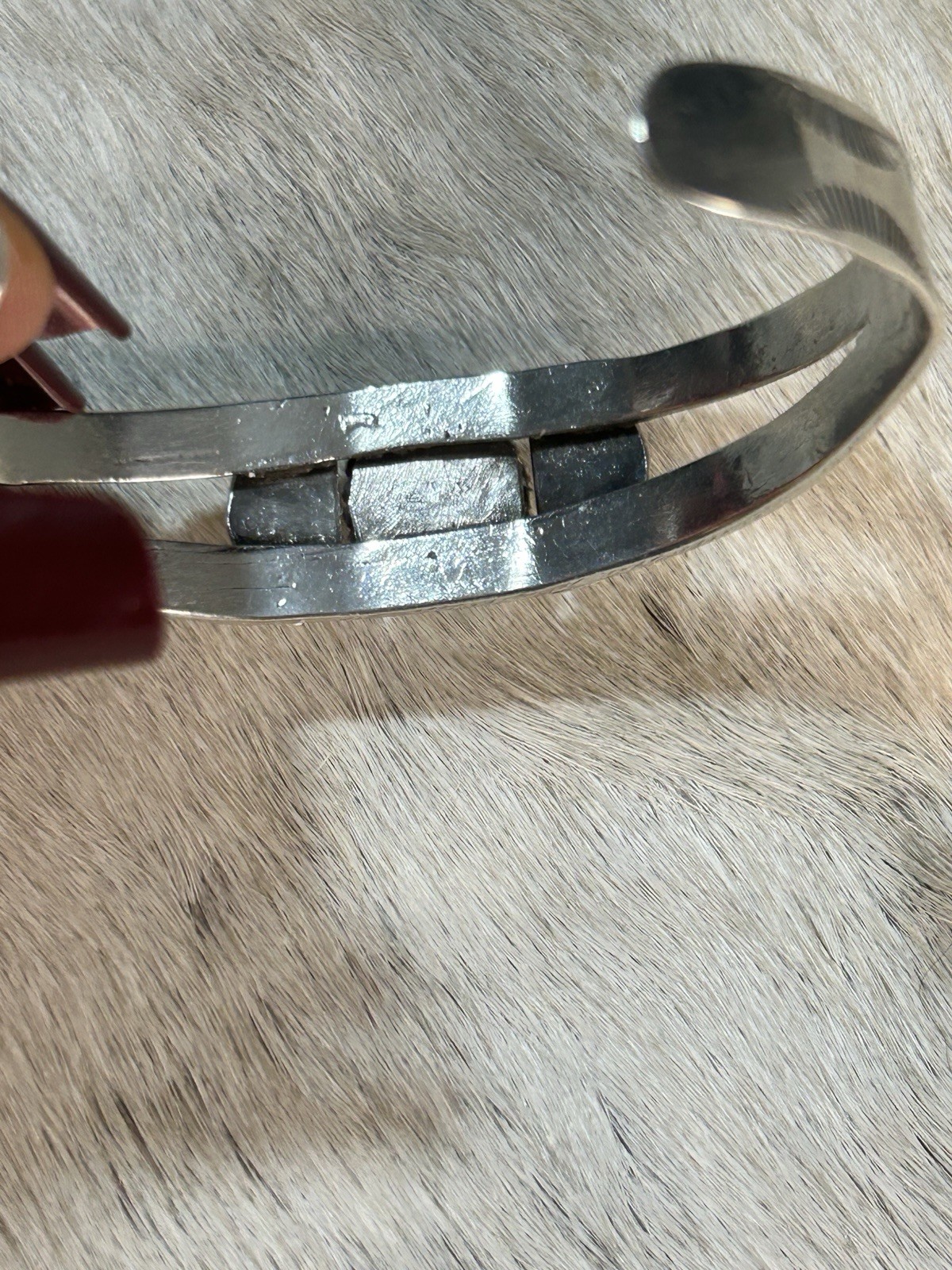 Turquoise & Sterling Silver Cuff Bracelet with Designs. Unmarked But Tested. 7"