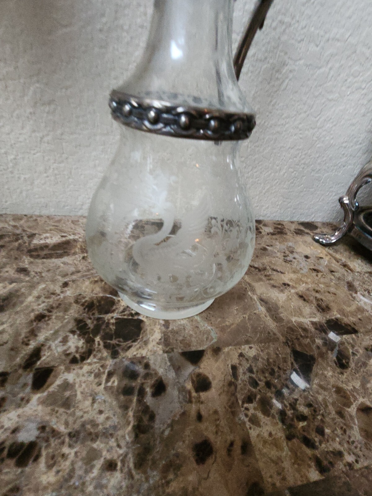 RARE Antique Circa Art Nouveau Silver Plate Etched Glass Claret Jug decanter