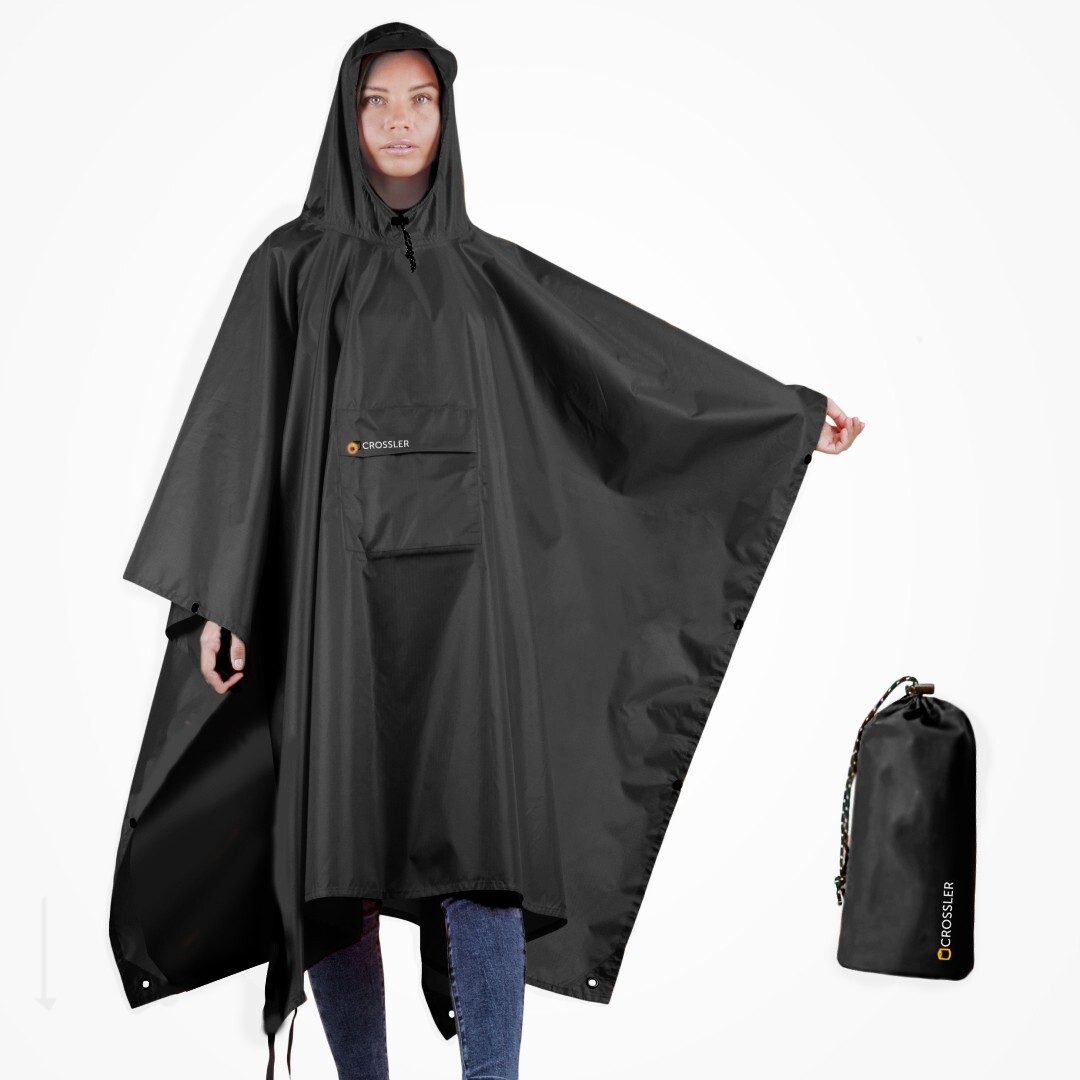CROSSLER Hooded Rain Poncho with Pocket, for Men Women Adult, 3-in-1 Waterproof
