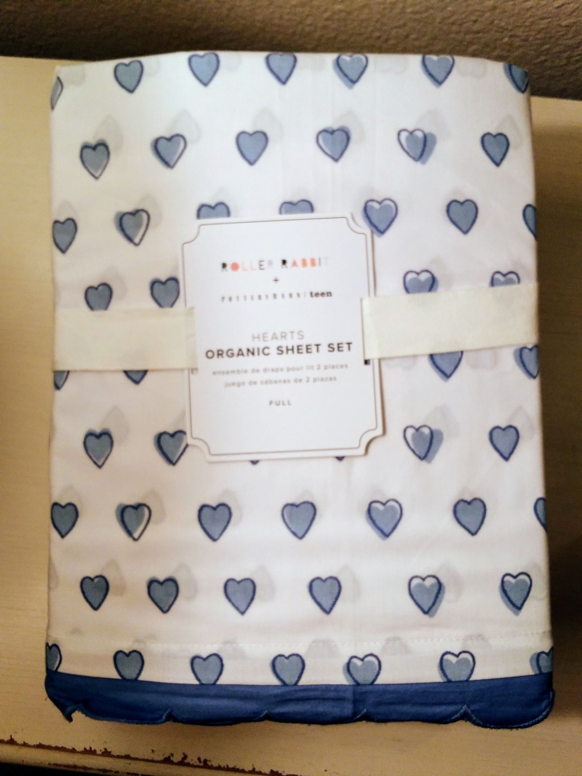 Pottery Barn Teen ROLLER RABBIT Blue  HEARTS Organic Sheet Set Full Size NWT