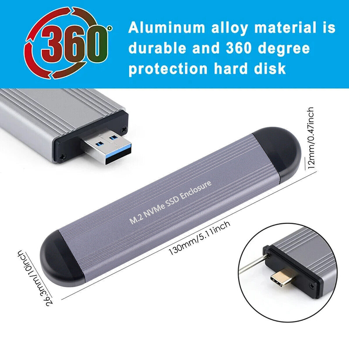 M.2 NVMe SSD To USB 3.1 Type C Drive External Enclosure Case Adapter 10 Gbps