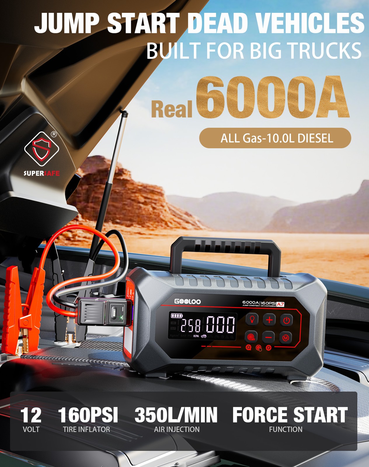 GOOLOO A7 Jump Starter with Air Compressor 6000A &160PSI 12V Car Battery 12-in-1