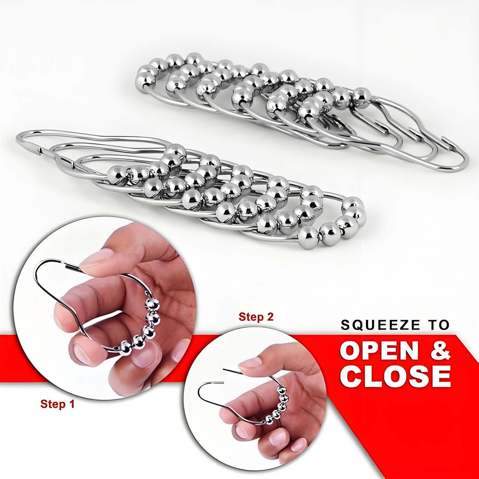 12-Piece Stainless Steel Shower Curtain Hooks with Roller Ball
