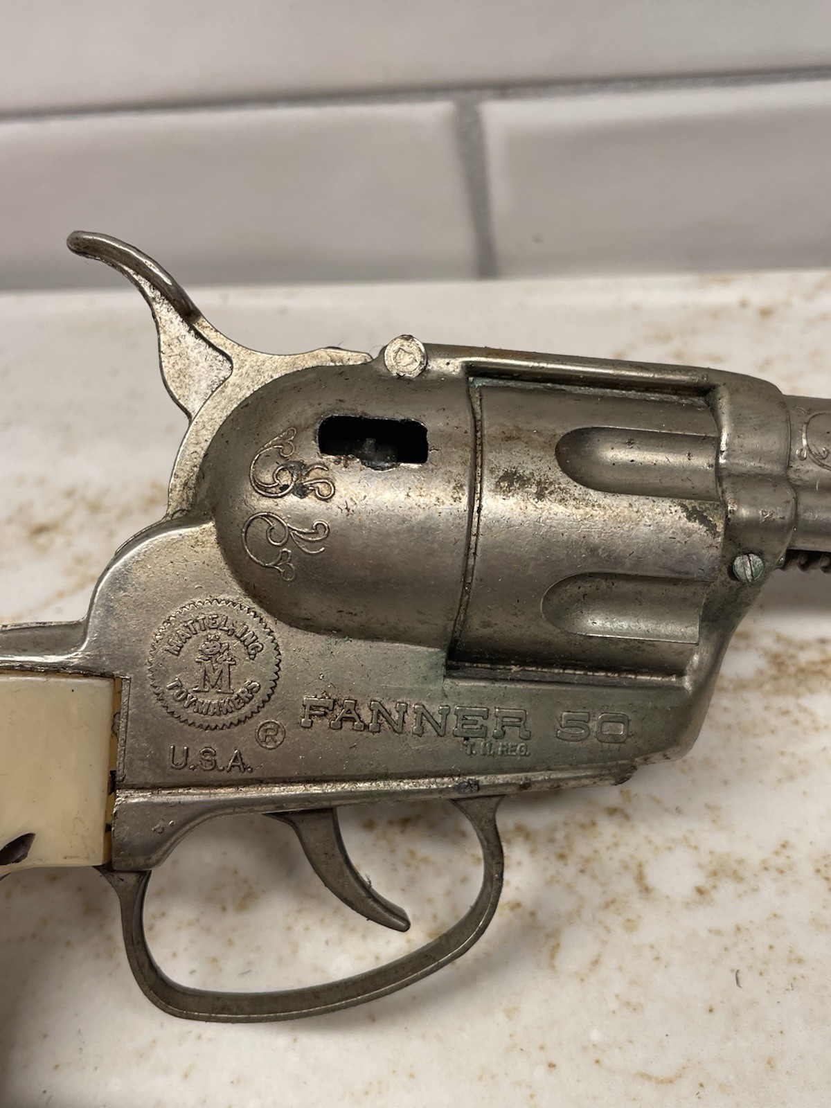 1960s VTG Mattel Fanner 50 Toy Cap Replica Gun Used Leather Holster MADE IN USA