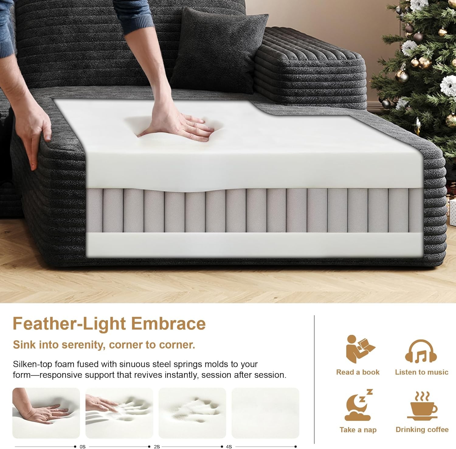 135"Boneless Couch Sectional Cloud Sofa Corduroy Left Facing Chaise with Ottoman