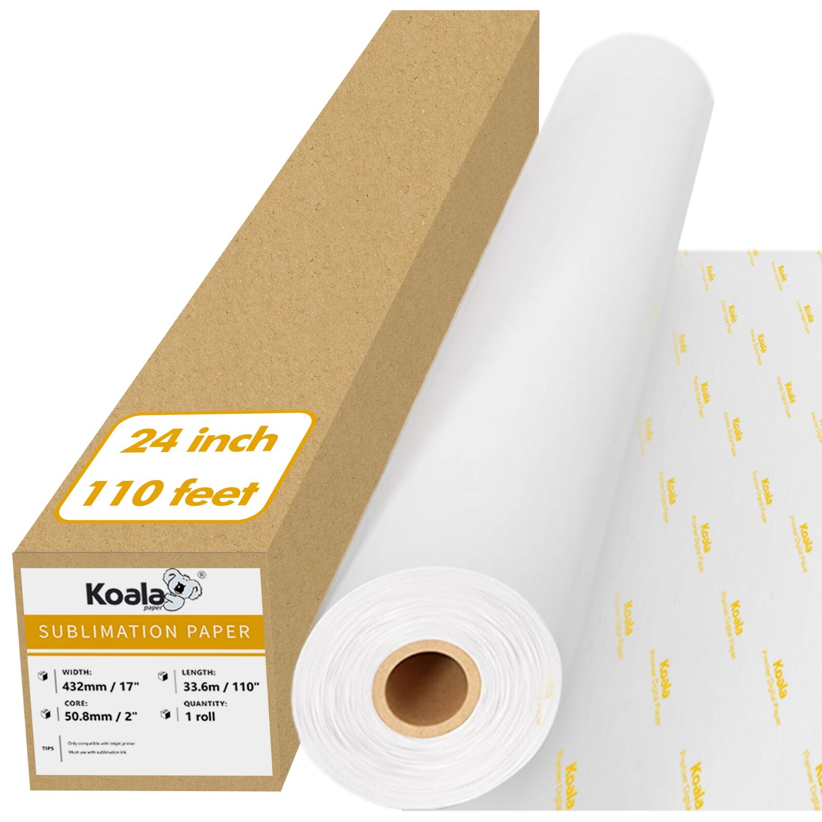Koala Sublimation Paper Roll 24" x 110 Ft Heat Transfer Fast Dry Inkjet Printer