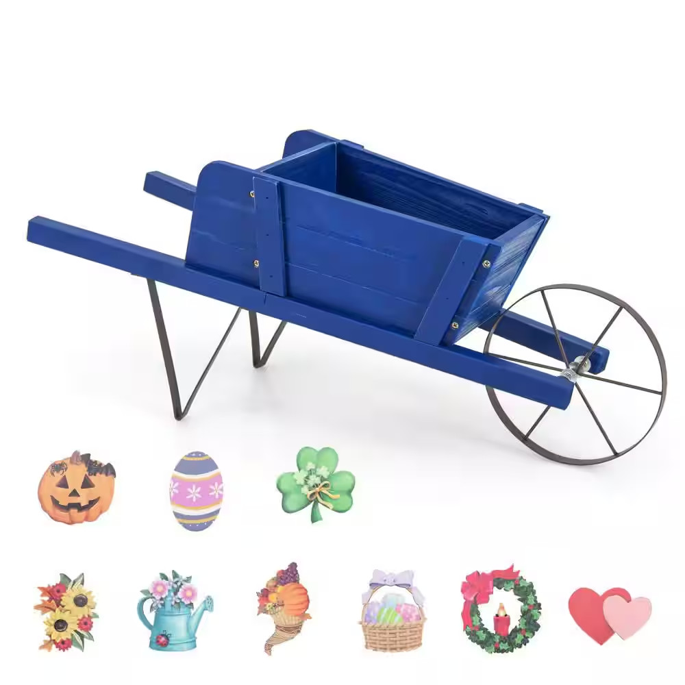 Wood Wagon Planter Decorative Indoor/Outdoor Rustic Flower Cart with Wheel Blue