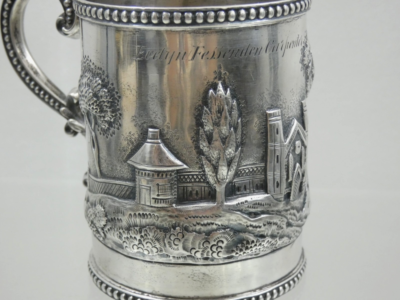 ANTIQUE AMERICAN COIN SILVER MUG CUP HAND CHASED REPOUSSE ARCHITECTURAL sterling