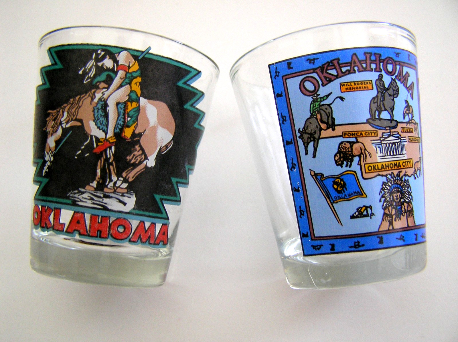 2 Oklahoma Shot Glasses Featuring Design of Horses and Native American Figures