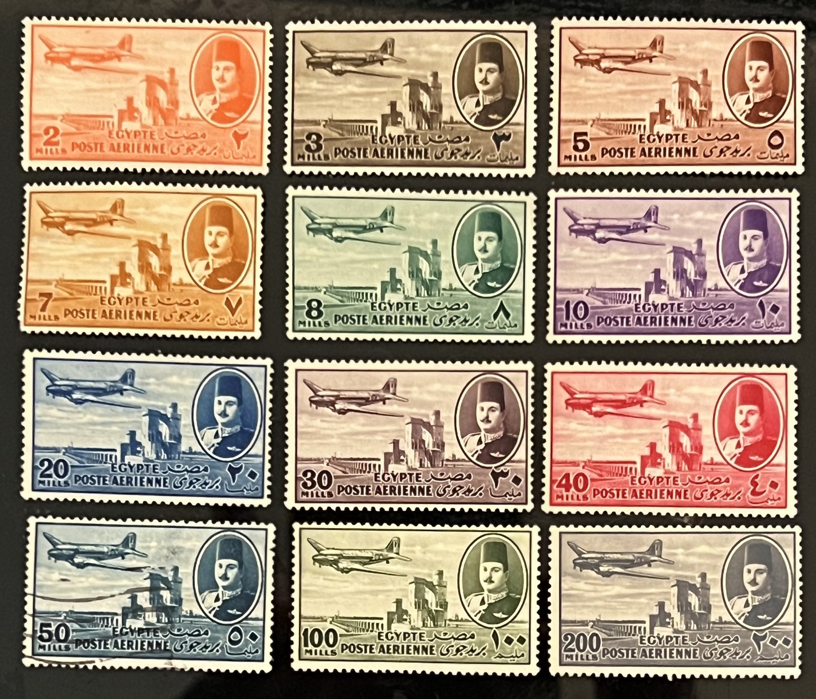 EGYPT stamps-1947--C-FAROUK AIRMAIL OVER DAM-COMPLETE 12 stamps-Scott #308-319