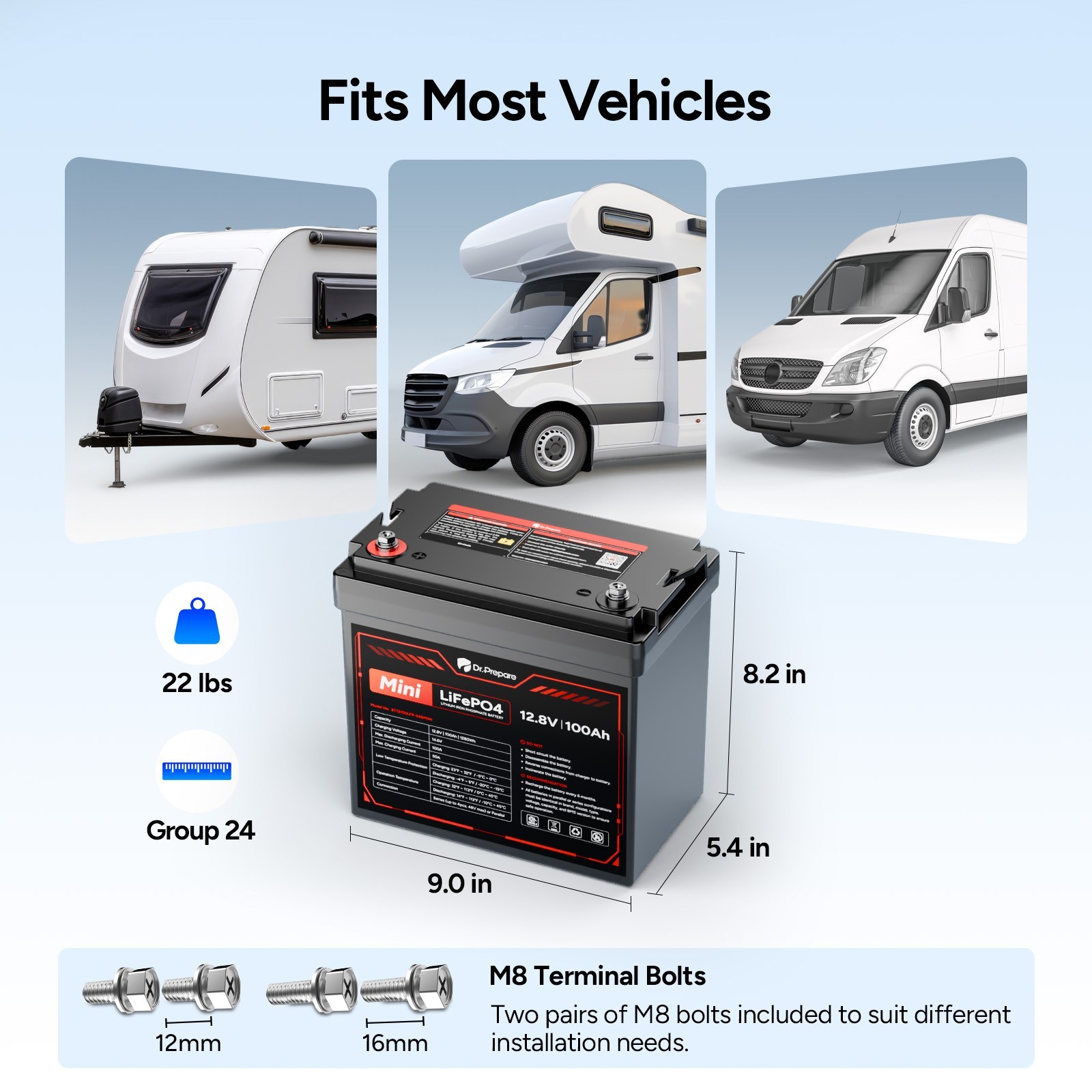 Dr. Prepare 12V 100Ah Group 24 LiFePO4 Lithium Battery – 10-Year Warranty