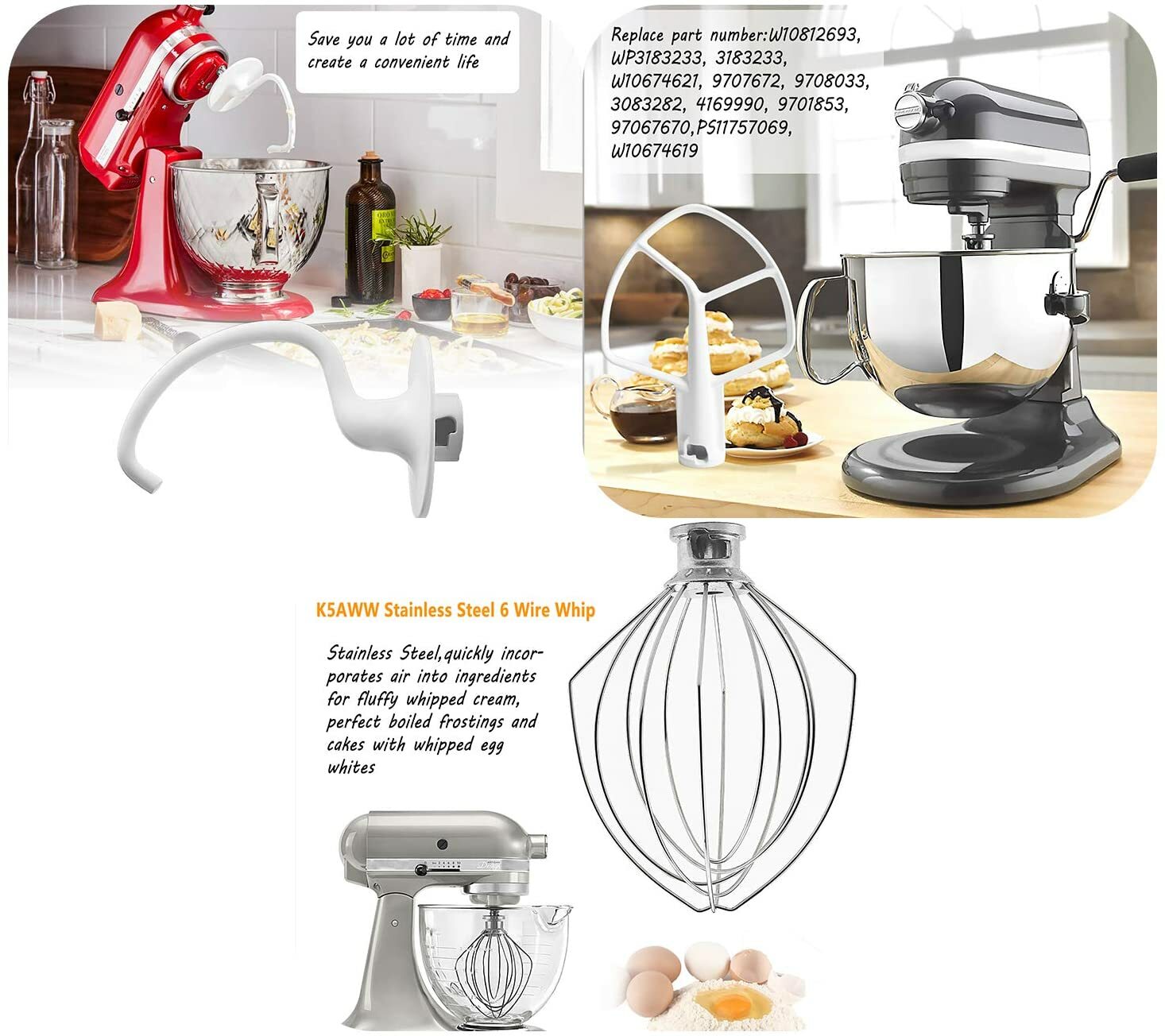KSM150 Mixer set K45WW wire whip K45DH dough hook K45B flex edge beater 3 Pieces