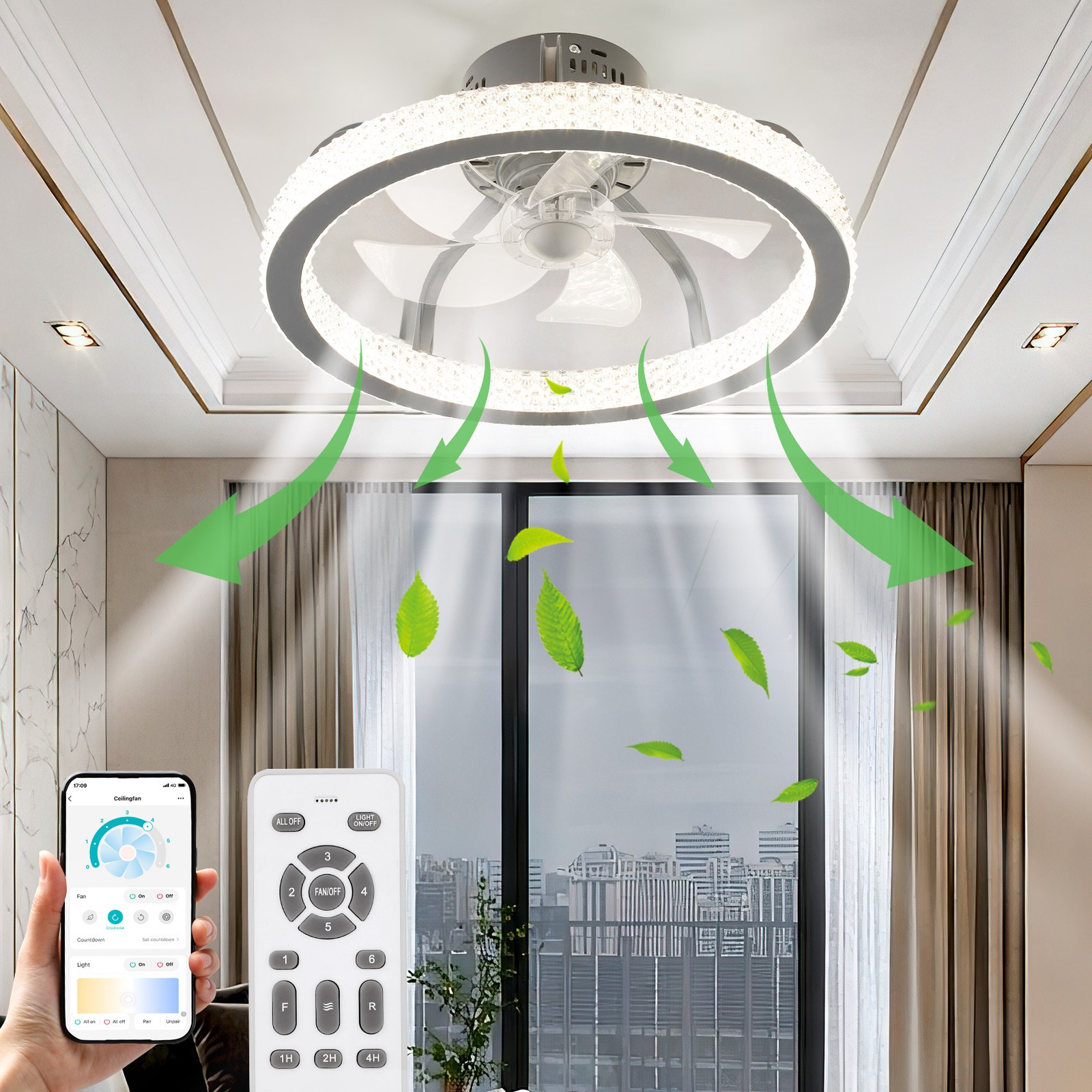 TCFUNDY Flush Mount LED Ceiling Fan with Light APP Control w/ Bluetooth Speaker