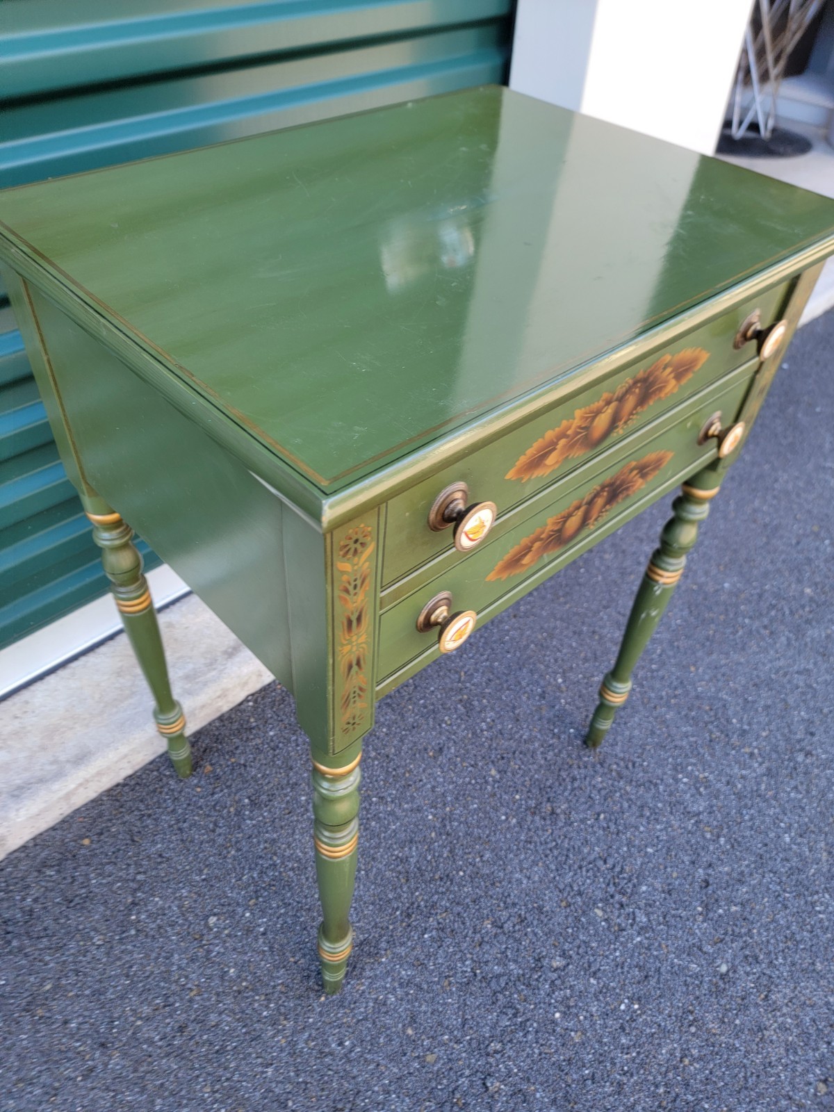 L. Hitchcock 2-drawer End/Side/Work Table Dark Green Stenciled drawers
