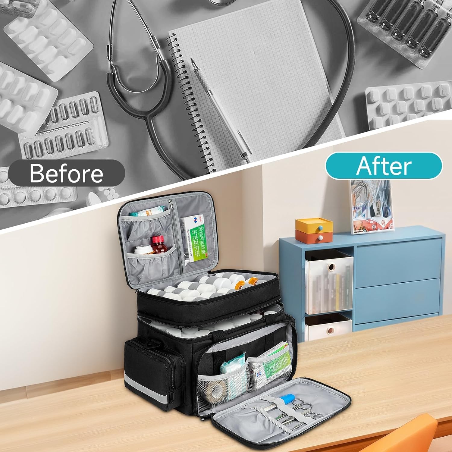 Large Pill Bottle Organizer, Double Layers Medicine Storage 2 LAYERS, BLACK