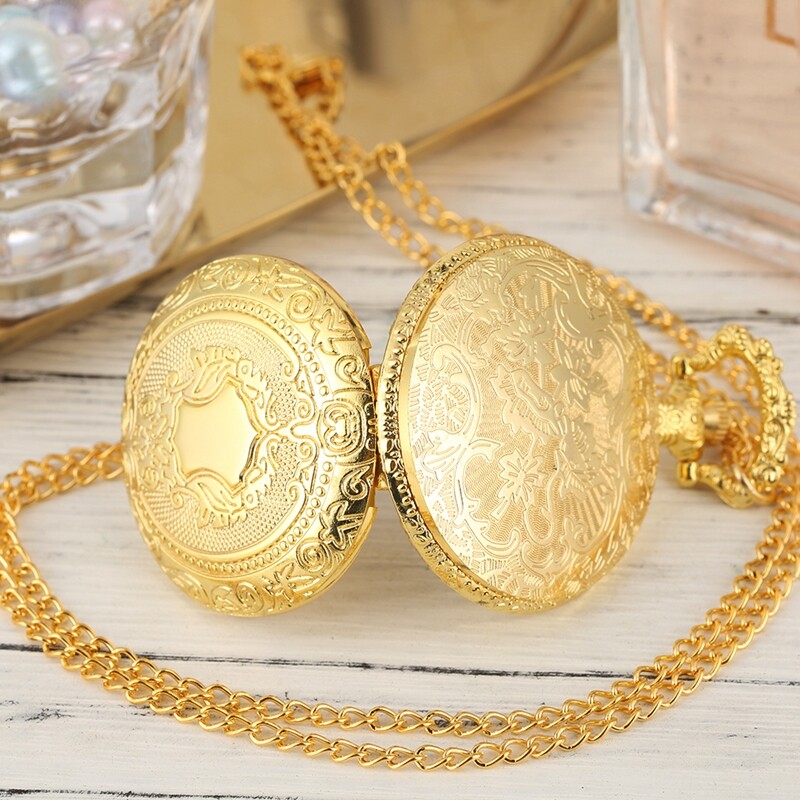 Gold Shield Case Men's Quartz Analog Pocket Watch with Chain Luxury Gifts